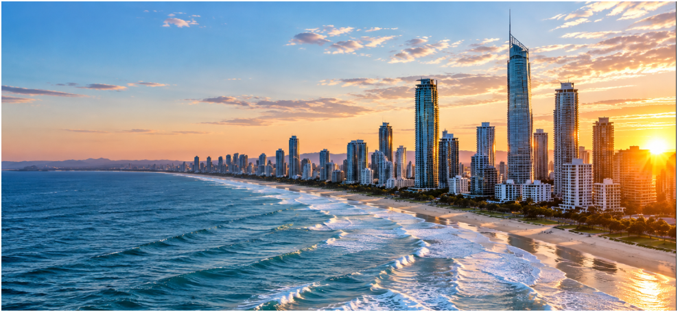 Gold Coast coastline and skyline at sunset